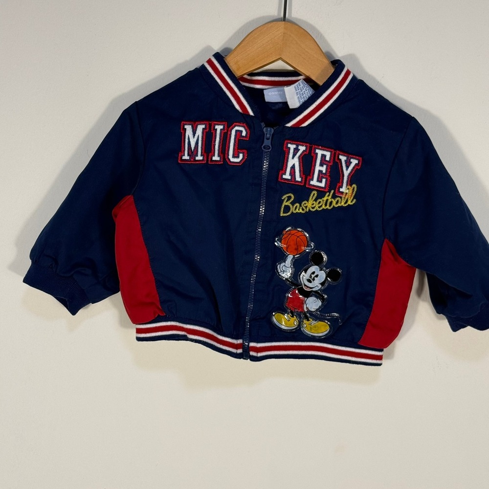 Vintage Disney Mickey Mouse Basketball Bomber Jacket Navy Red 6-9M RN46795